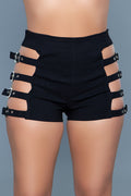 Black shorts with cut-out design and buckles on a gray background