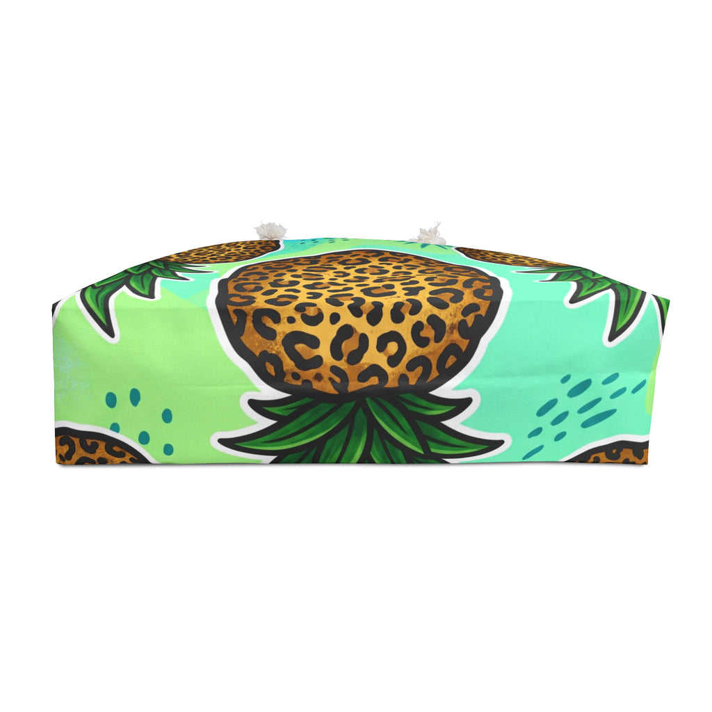 Tropical Leopard Pineapple Weekender Bag | Bright Green Beach Tote with T-Bottom & Rope Handles
