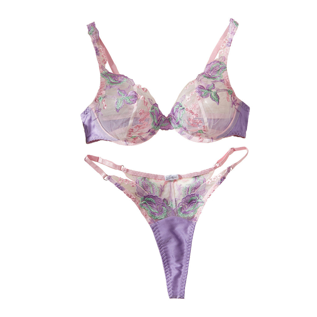 Romantic countryside style heavy industry floral embroidery splicing color blocking sexy lingerie two-piece set