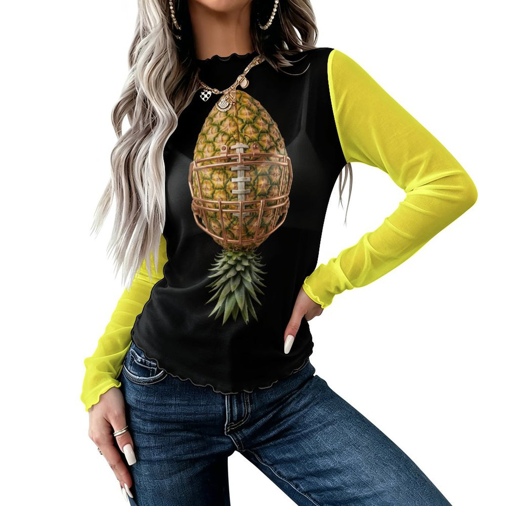 Pineapple Football High Neck Mesh Top For Women