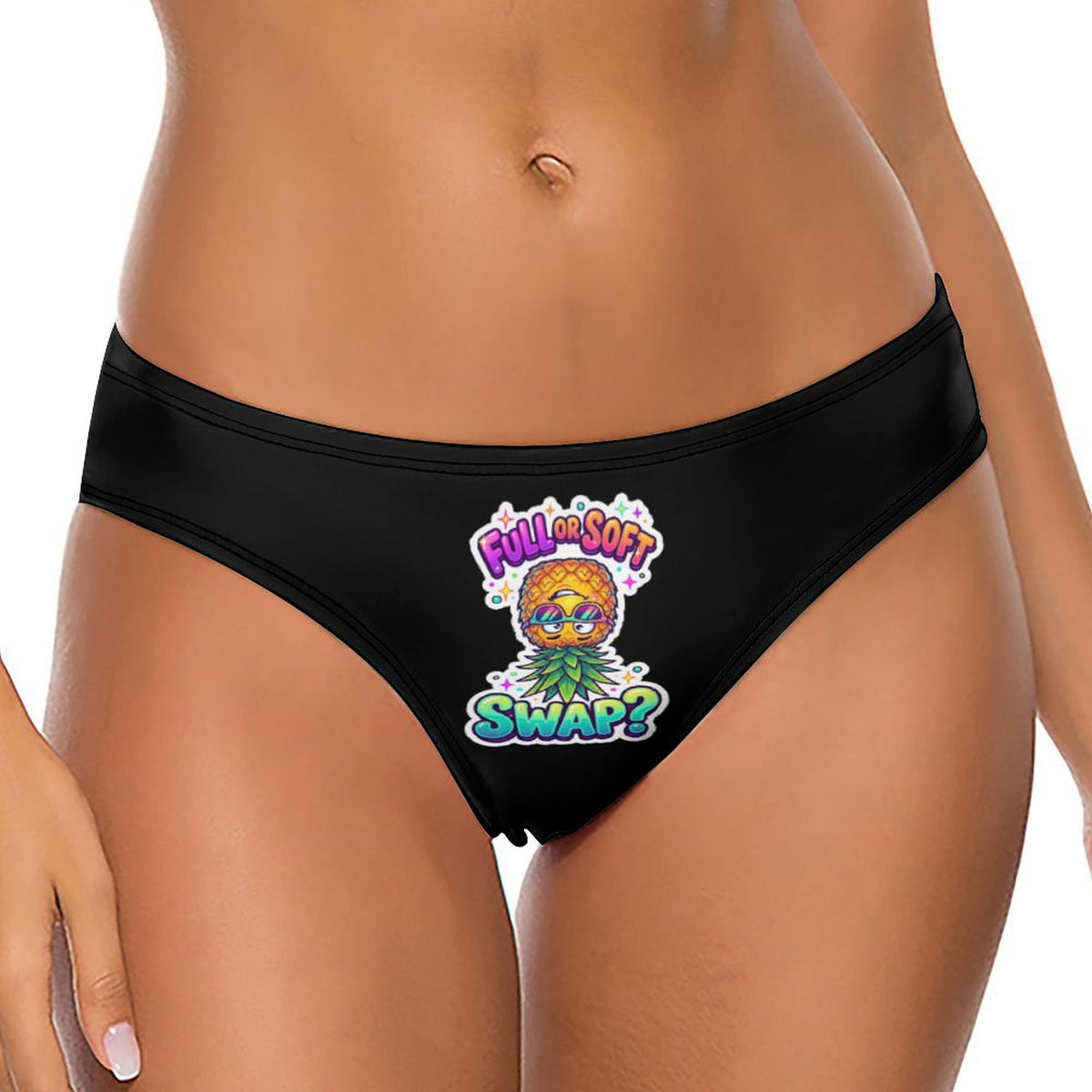Black bikini bottom with a colorful cartoon graphic and the text 'Bull the Shark Swap?' on the front, shown on a model against a white background.