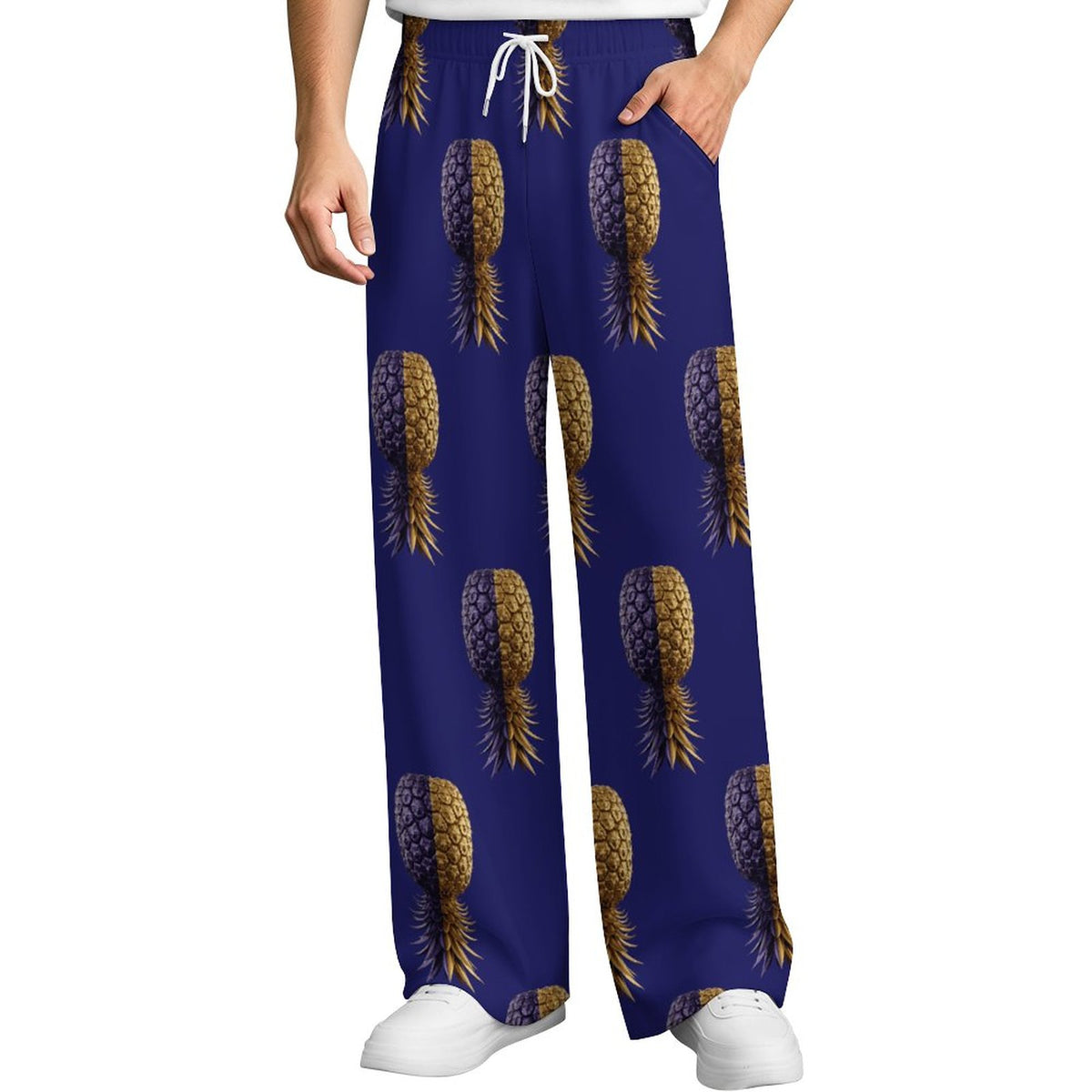 Football Purple & Gold Pineapple Drawstring Wide Leg Casual Pants