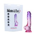 Purple and pink dildo with 'Adam & Eve' packaging on a white background