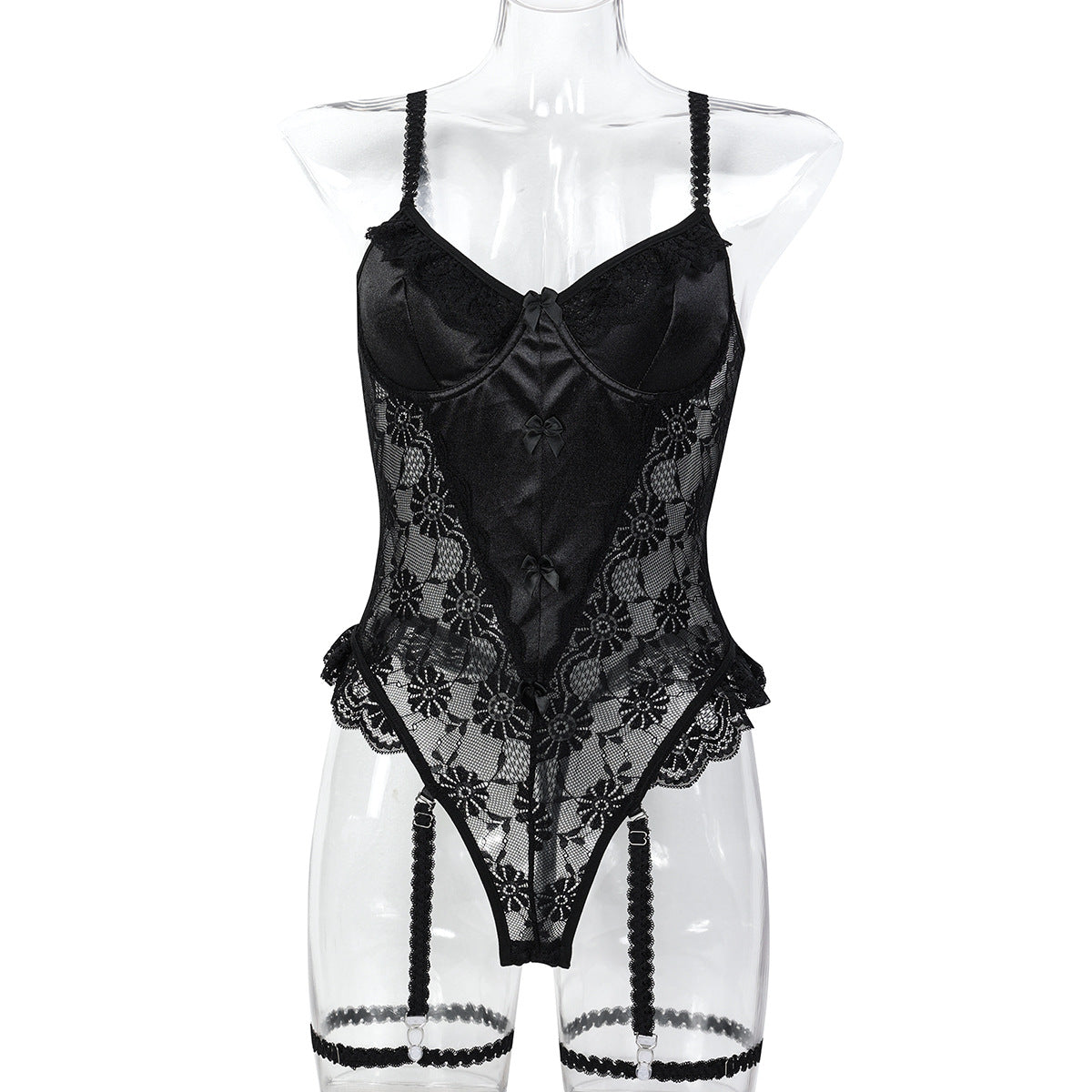Lace Jacquard White and Pink Splicing Bowknot Cute Dressing Single Layer Non-Transparent European and American Sexy Romper for Women