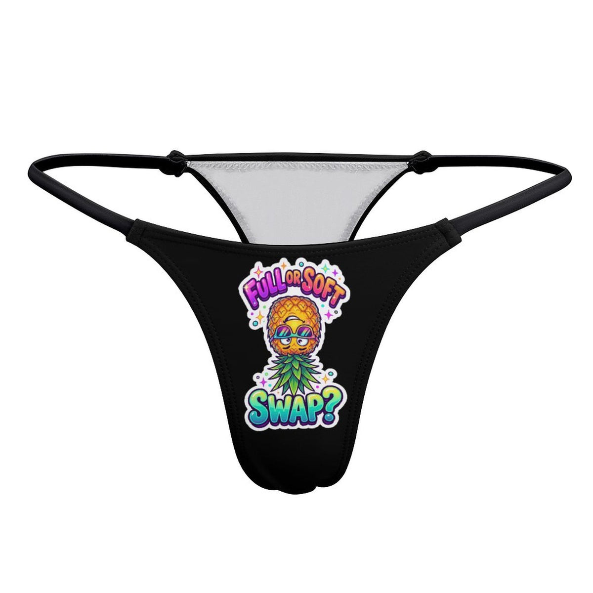 Black thong underwear with a colorful graphic of a pineapple wearing sunglasses and the text 'BULL SHOT SWAP?' on the front, shown against a plain white background.
