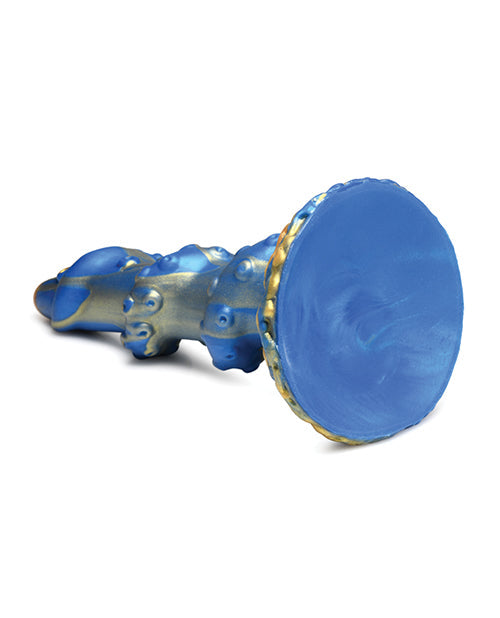 Blue glass pipe with gold accents on a white background