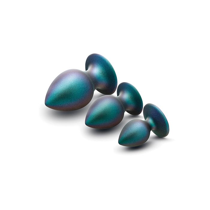 Set of metallic blue and green objects on a white background
