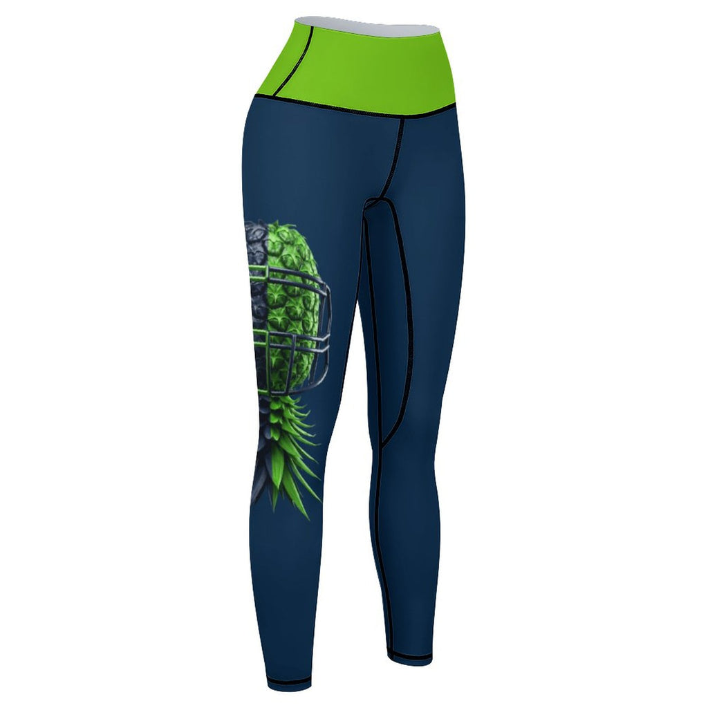 Neon Green & Navy Women’s Workout Yoga Pants with Lines | High-Waist Printed Activewear Leggings