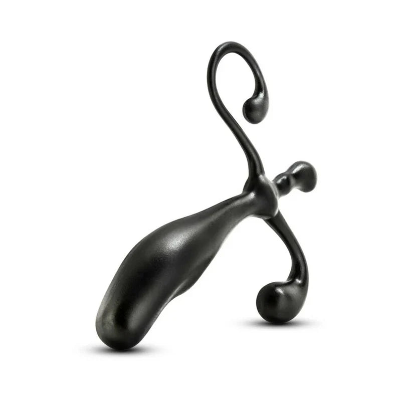 Black metal object with a curved design on a white background
