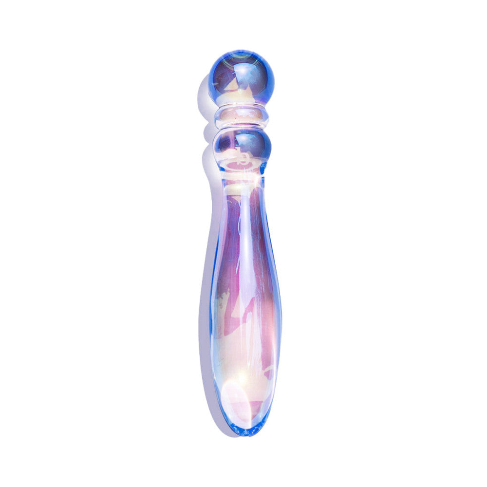 Iridescent glass object with a blue top on a white background