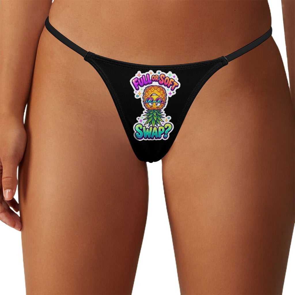 Black thong underwear with a colorful cartoon graphic and the text 'POW OR SOFT SWAP?' on the front, shown on a model against a white background.