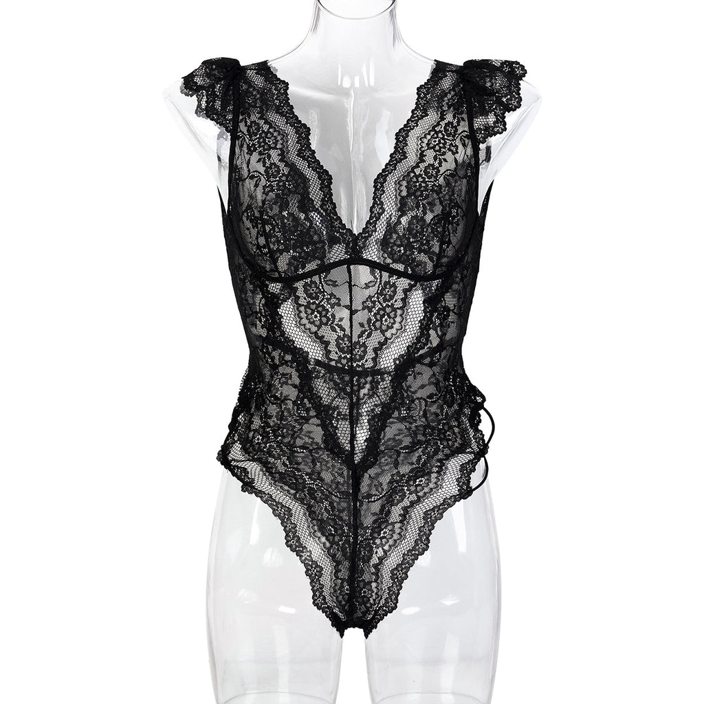 Mysterious Black Lace Deep V-Neck Sexy Butt Belted Jumpsuit