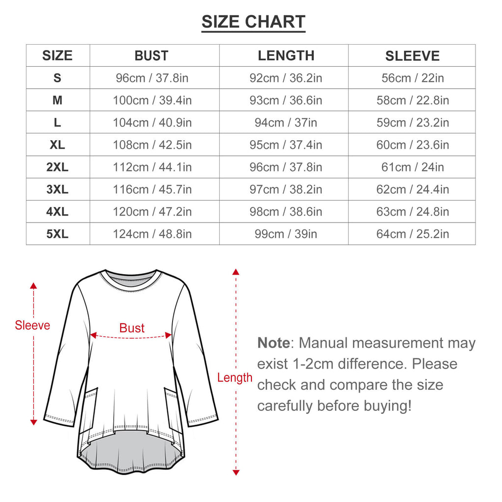 A size chart and measurement guide for a long-sleeve top, showing a size table from S to 5XL with bust, length, and sleeve measurements in centimeters and inches, plus a simple line drawing of the shirt with labeled measurement arrows.