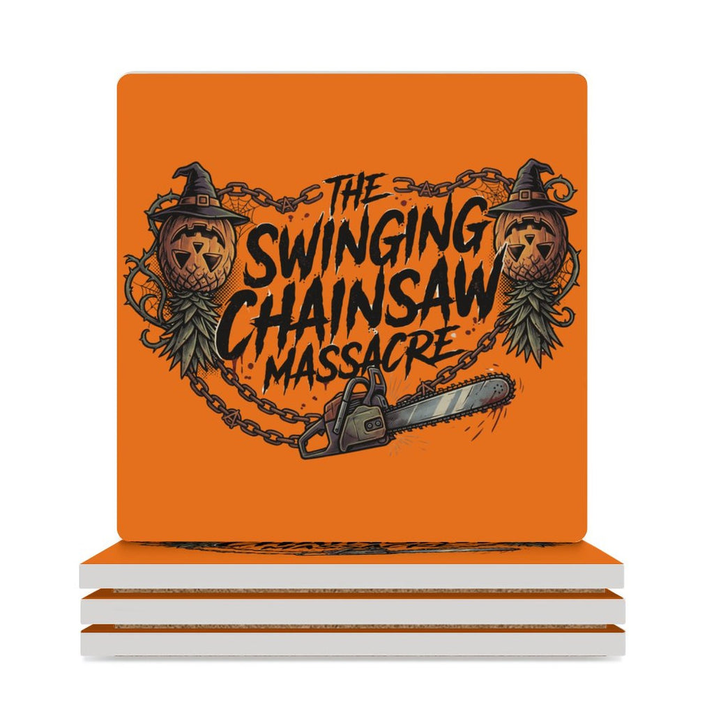 The Swinging Chainsaw Massacre Square Ceramic Coaster | Horror-Themed Cork Back Drink Coaster