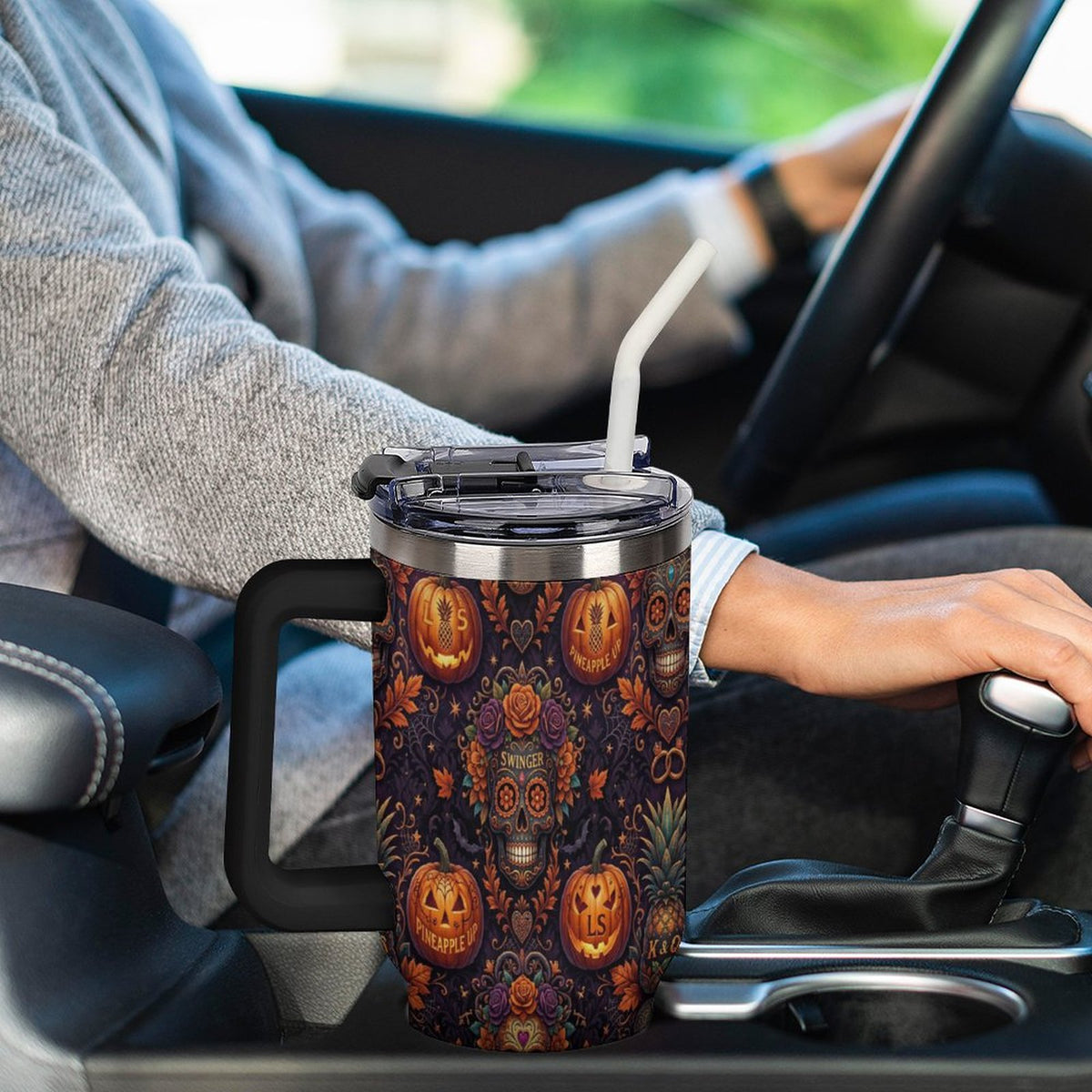 Halloween Swinger Inspired Insulated Tumbler with Handle and Straw