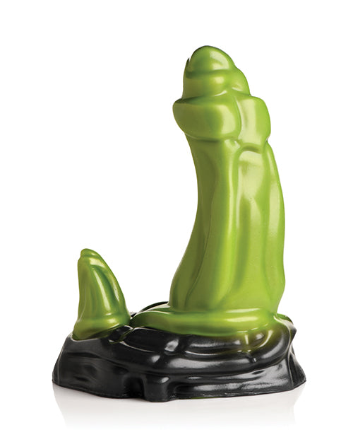Green ceramic sculpture on a black base against a white background
