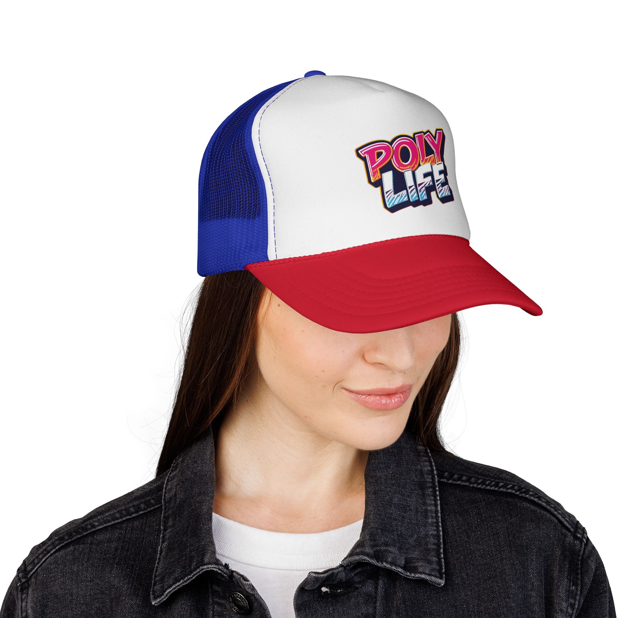 Person wearing a cap with a red, white, and blue design on a white background
