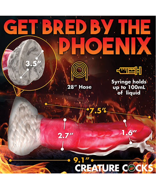 Product with measurements and text about 'The Phoenix' on a fiery background