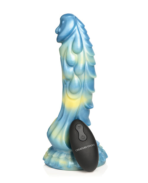 Blue and green marbled toy with remote control on a white background