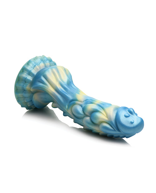Blue and yellow swirled dog toy on a white background
