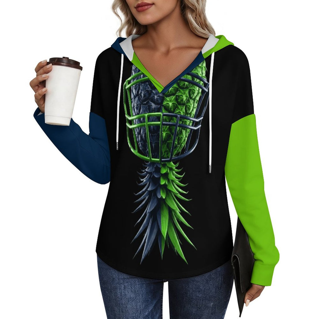Neon Green & Navy Women's V Neck Long Sleeve Hoodie