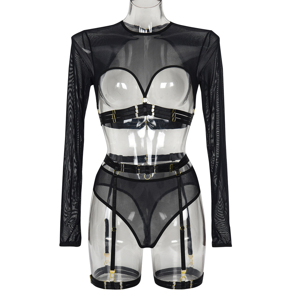 Sheer Mesh Patchwork Strap Heavy Craft Complex Three-Piece Lingerie Set