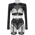 Sheer Mesh Patchwork Strap Heavy Craft Complex Three-Piece Lingerie Set
