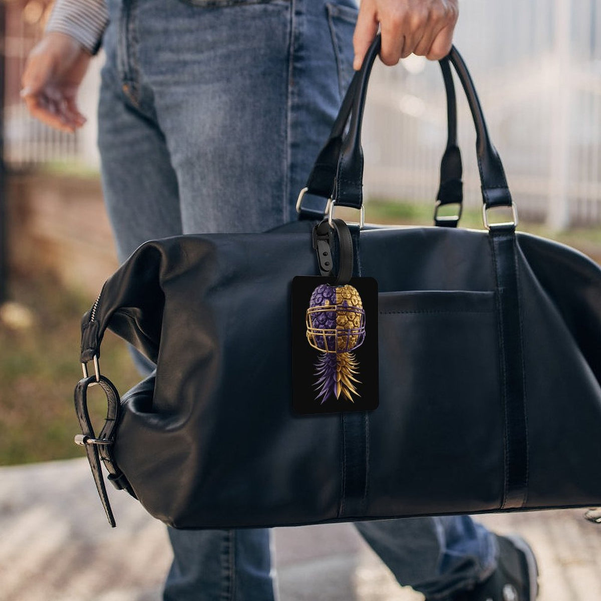 Football Inspired Purple & Gold Luggage Tag with Black Hanging Loop