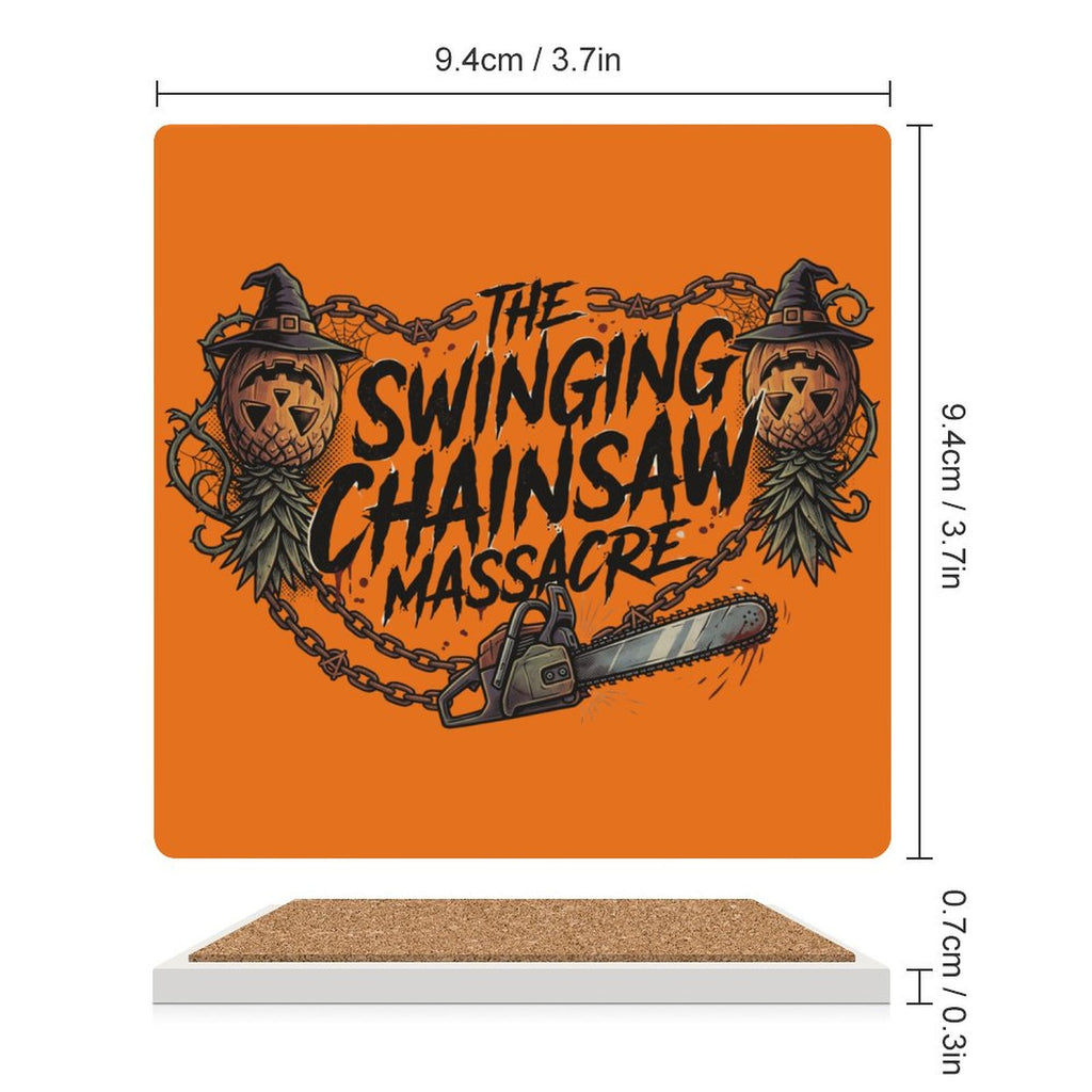 The Swinging Chainsaw Massacre Square Ceramic Coaster | Horror-Themed Cork Back Drink Coaster