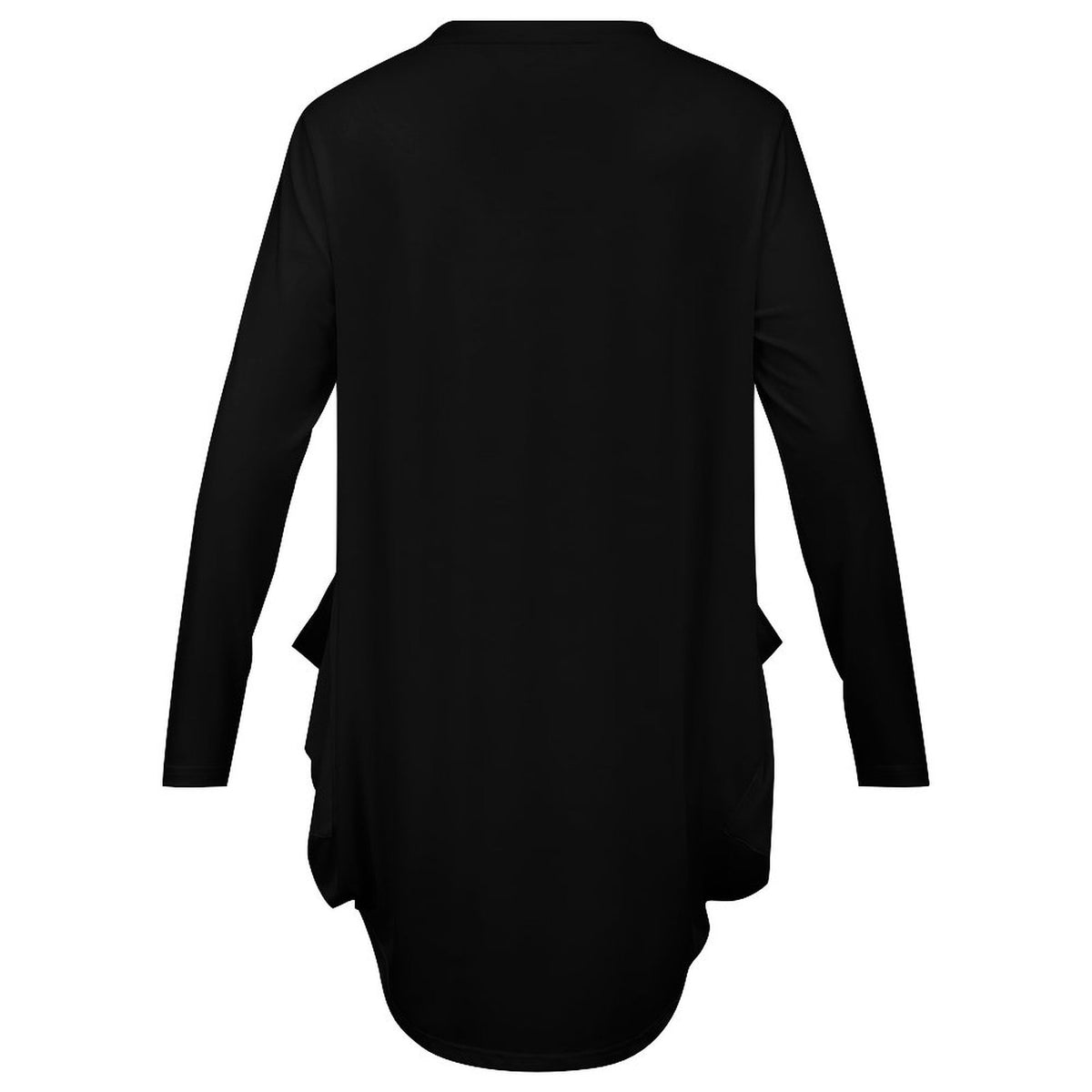 A black long-sleeve tunic top with a high-low curved hem and side ruffle details, shown from the back on a solid white background.