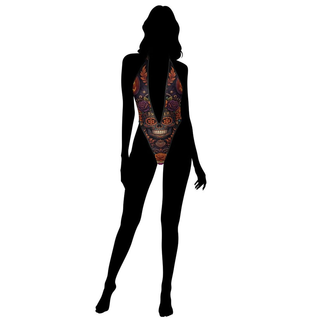 Silhouette of a person wearing a red and black patterned swimsuit on a white background
