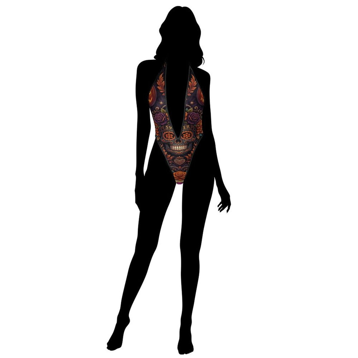 Silhouette of a person wearing a red and black patterned swimsuit on a white background
