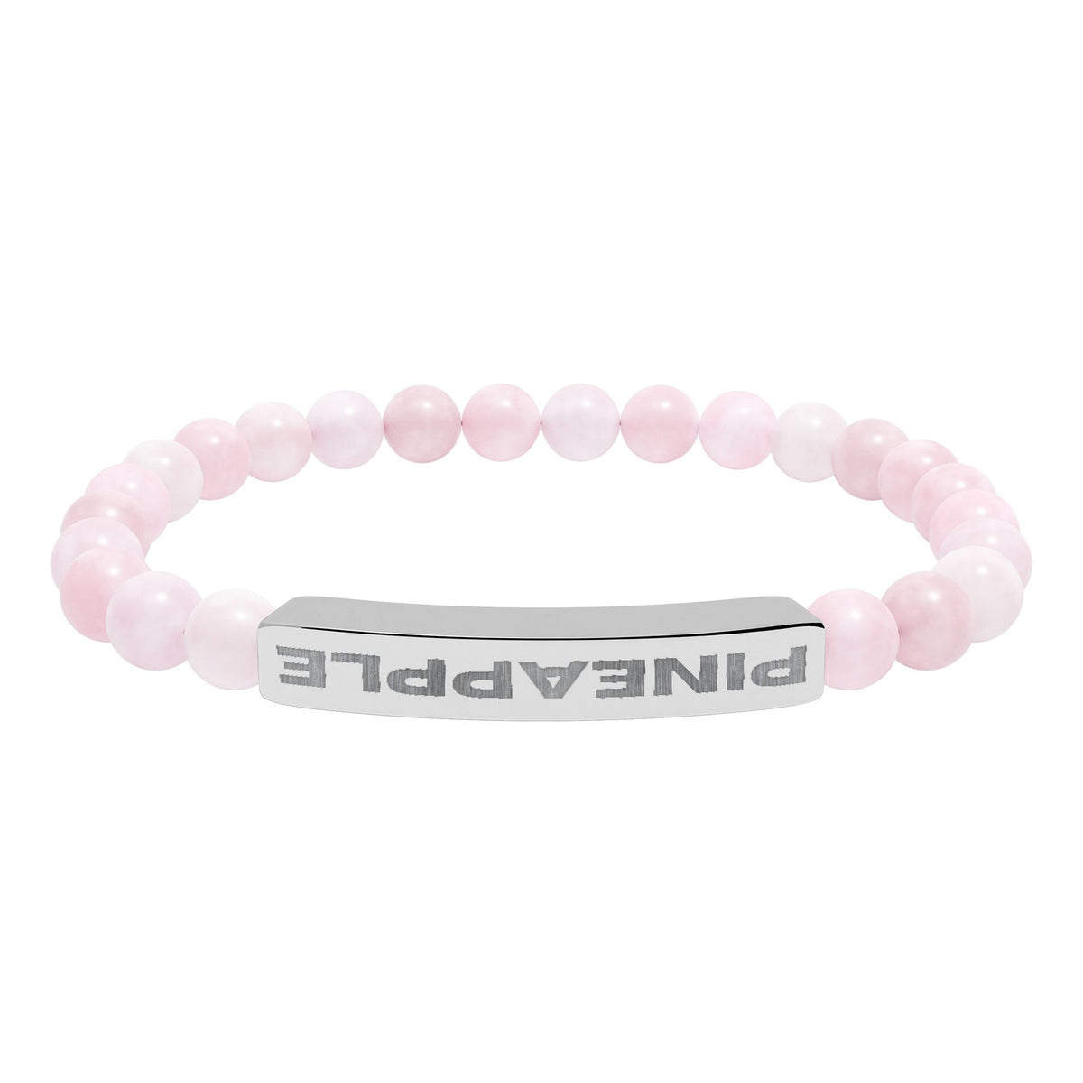 A pink beaded bracelet with a polished silver-tone bar engraved with the word 'PINEAPPLE' upside down, shown on a plain white background.