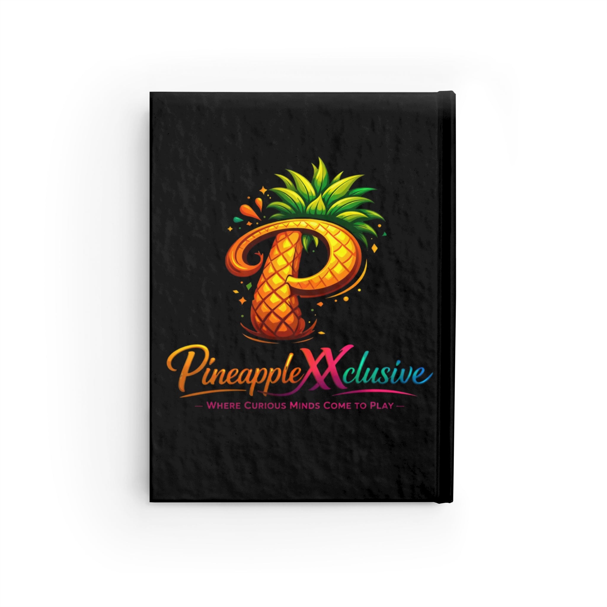 Black notebook with Pineapple Exclusive logo featuring a pineapple and colorful text on a white background