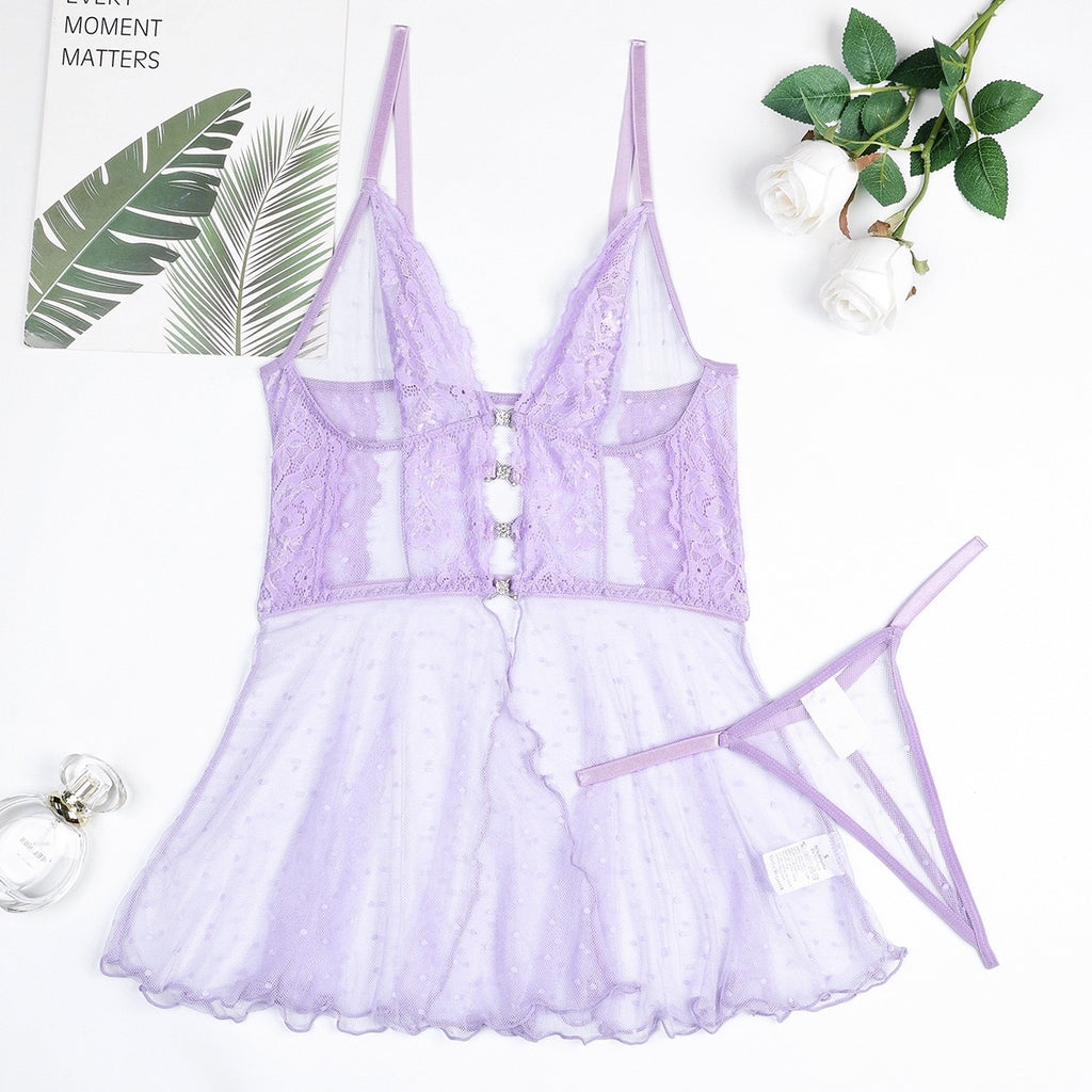 Women's Underwear Sexy Polka Dot Sheer Mesh Lace Crystal Buckle Pure Elegant Strap Nightgown Two-Piece Set