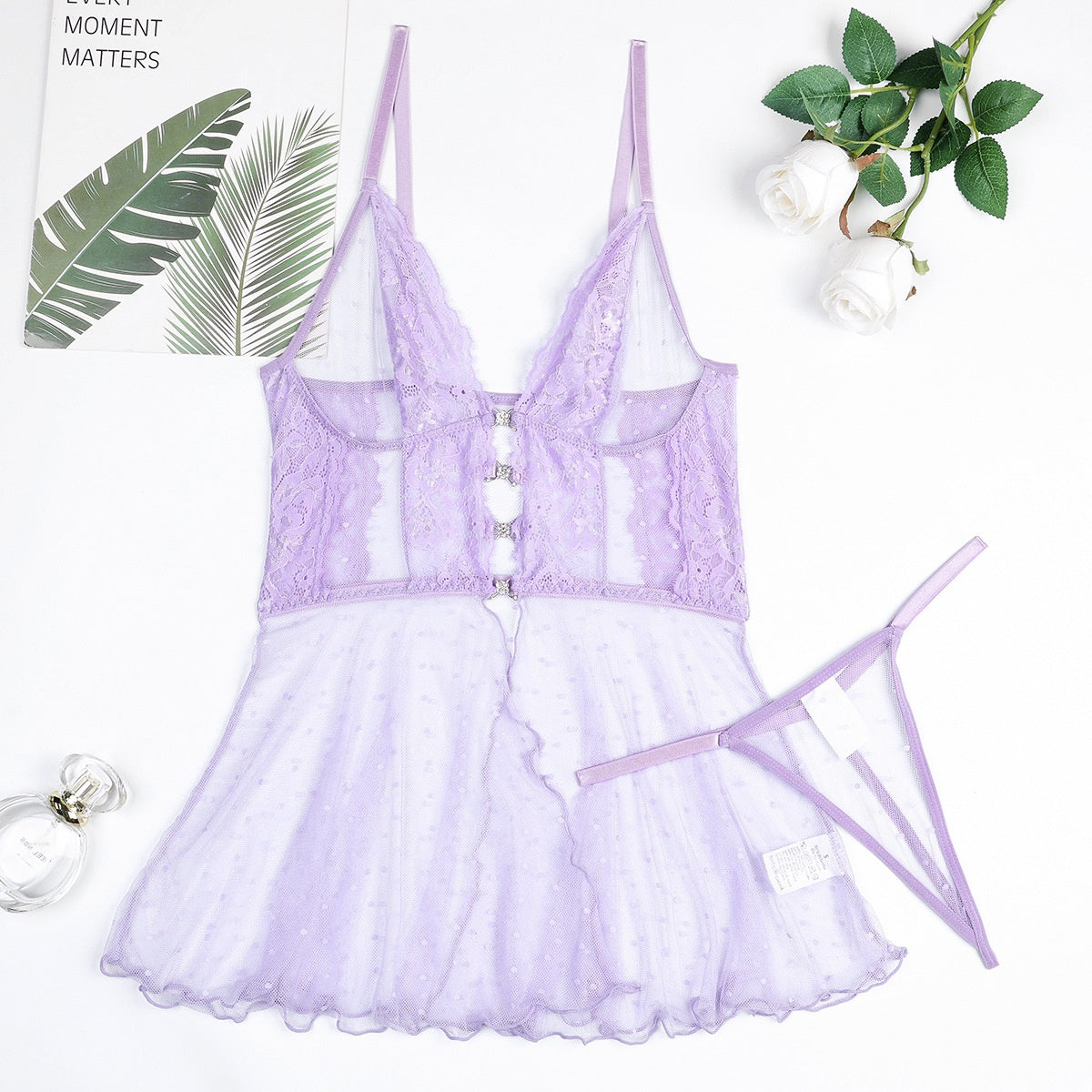 Women's Underwear Sexy Polka Dot Sheer Mesh Lace Crystal Buckle Pure Elegant Strap Nightgown Two-Piece Set