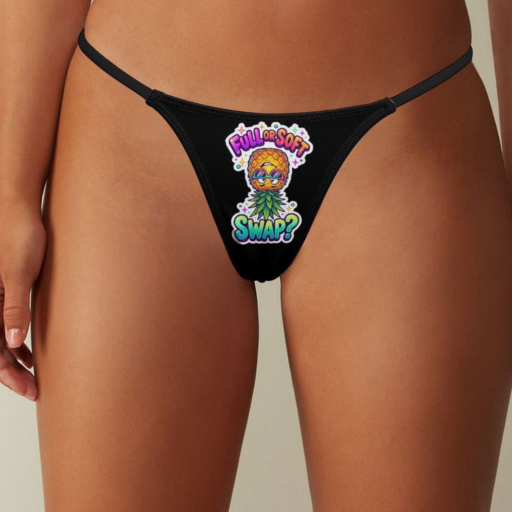 Black thong underwear with a colorful graphic on the front featuring a cartoon character and the text 'POOF SOFT SWAP?' worn by a model.