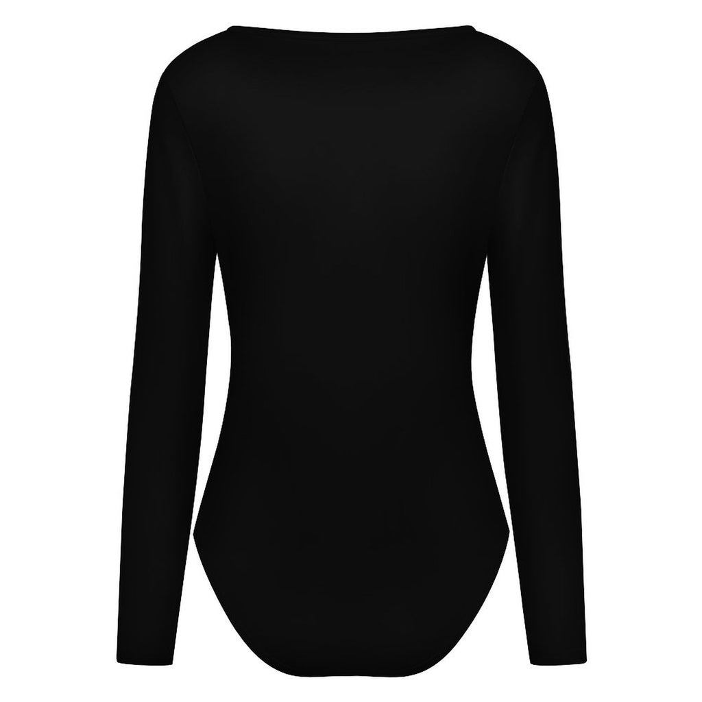 A black long-sleeve bodysuit with a wide boat neckline, displayed on a solid white background.