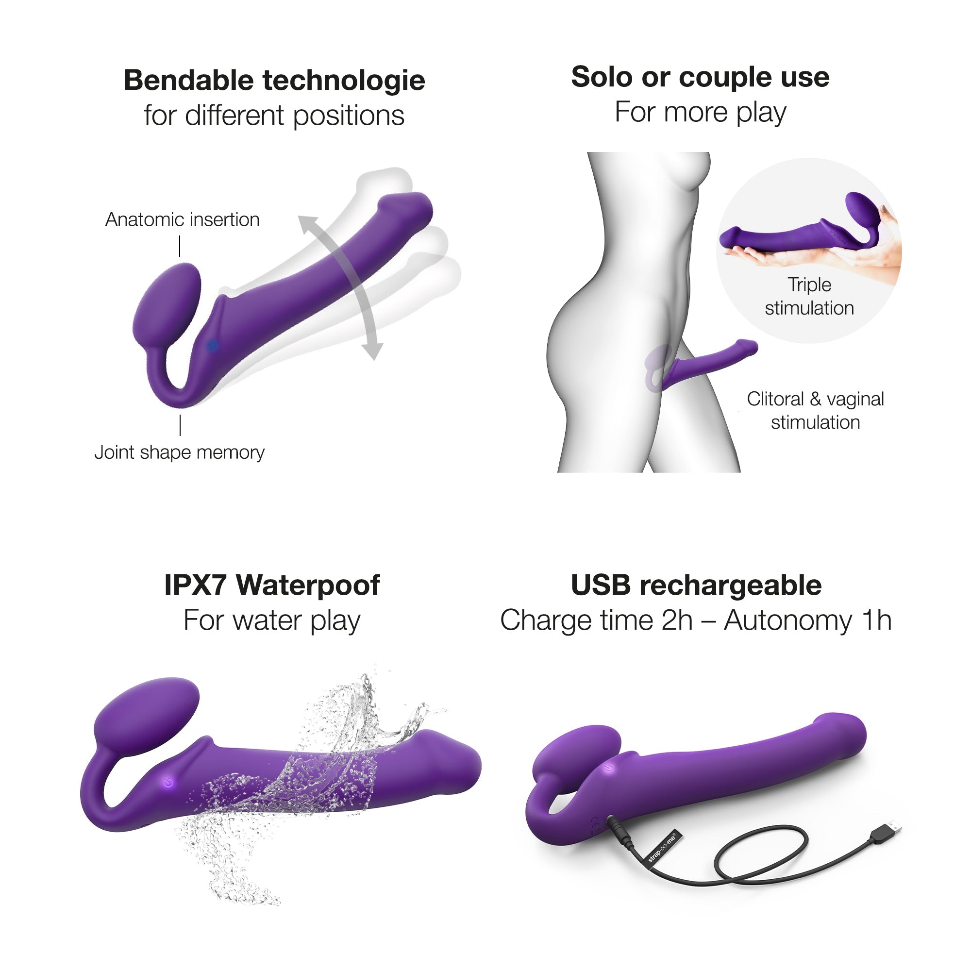 VIBRATING BENDABLE STRAP-ON - L - PURPLE