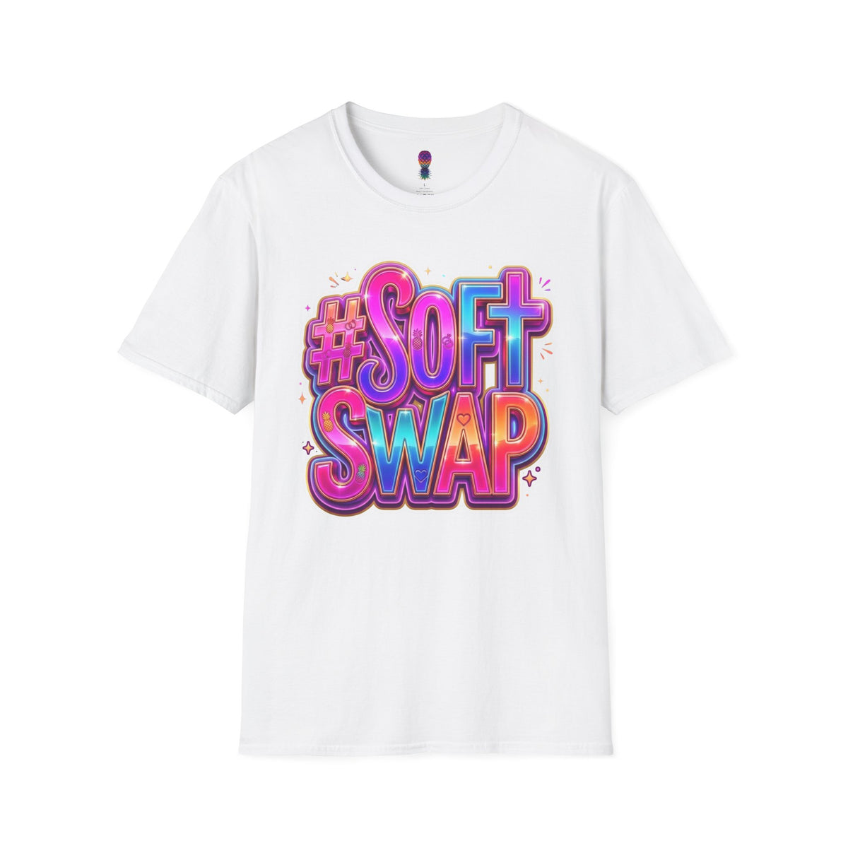 A white short-sleeve crewneck t-shirt featuring a colorful graphic print on the front that reads '#SOFT SWAP' in a bubbly, 3D-style font with pink, purple, and blue gradients.