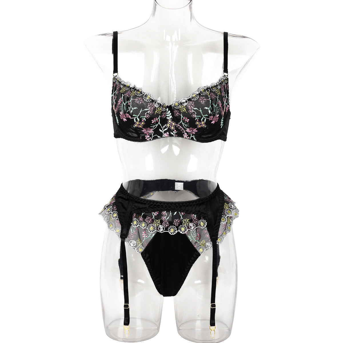 Women's Fashionable Lingerie Set with Elegant Embroidered Flowers and Satin Splicing - Sweet and Fresh Three-Piece Set