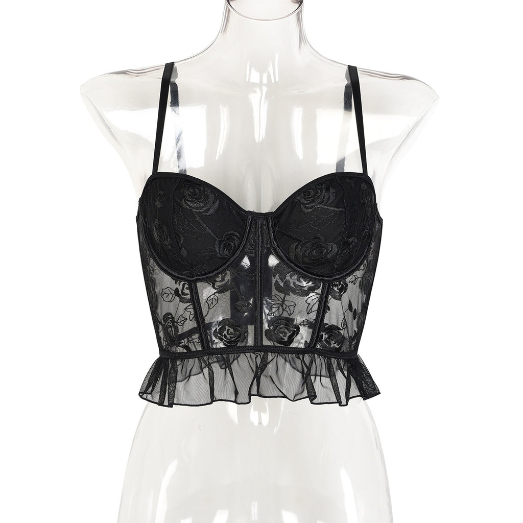 Women's Sexy Rose Flower Embroidery Splicing Mesh Gathered Chest Non-Transparent Versatile Top