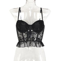Women's Sexy Rose Flower Embroidery Splicing Mesh Gathered Chest Non-Transparent Versatile Top