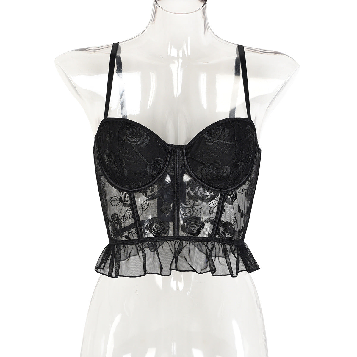 Women's Sexy Rose Flower Embroidery Splicing Mesh Gathered Chest Non-Transparent Versatile Top