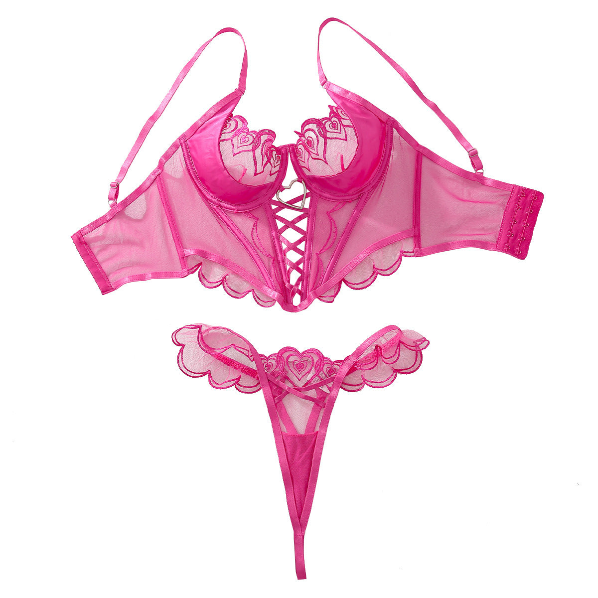 Love Embroidery Body shaping Bra Underwear Two piece Set Cross Tie Perspective Sexy Underwear Set for Women