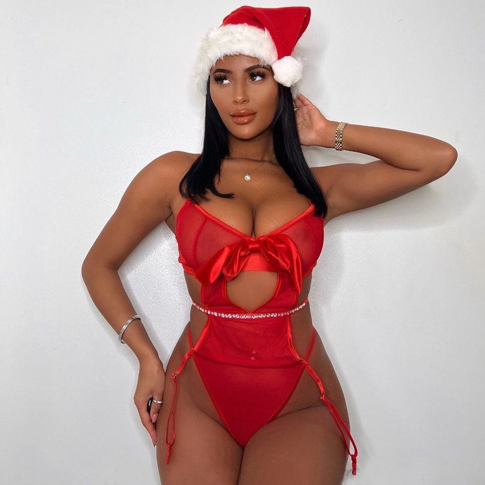 Style Splicing Red Bowknot One-Piece Clothing with Rhinestone Embellishment