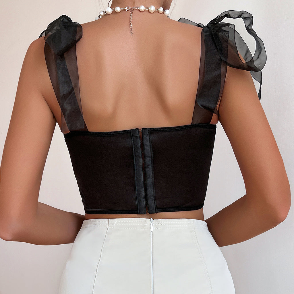 Cross-border  Butterfly Embroidery Fitted Lace-up Spicy Girl Lace Sexy Crop Top