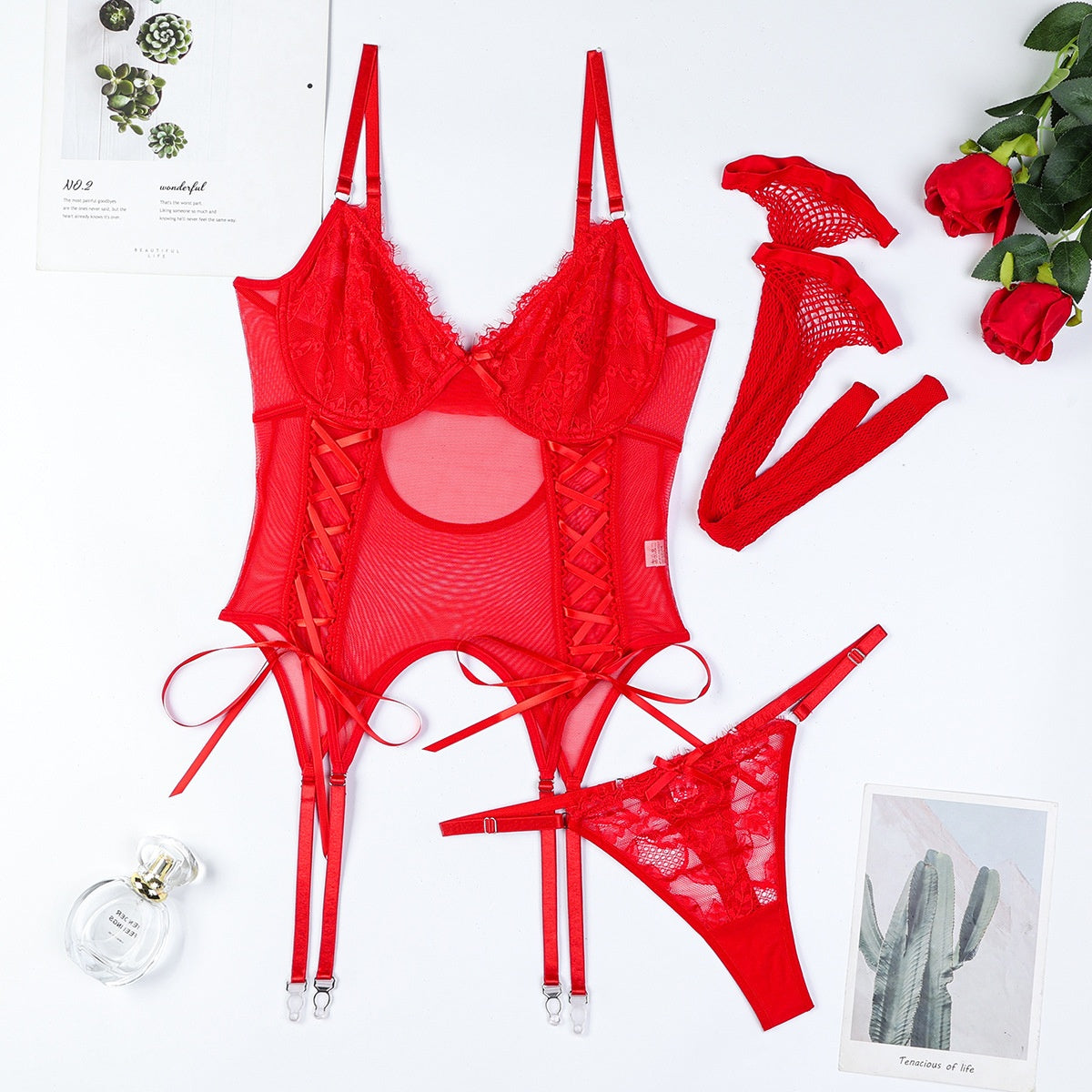 European and American Style Sexy Lingerie Lace Splicing Strap Bow Net Sheer Suspender Two-Piece Stockings
