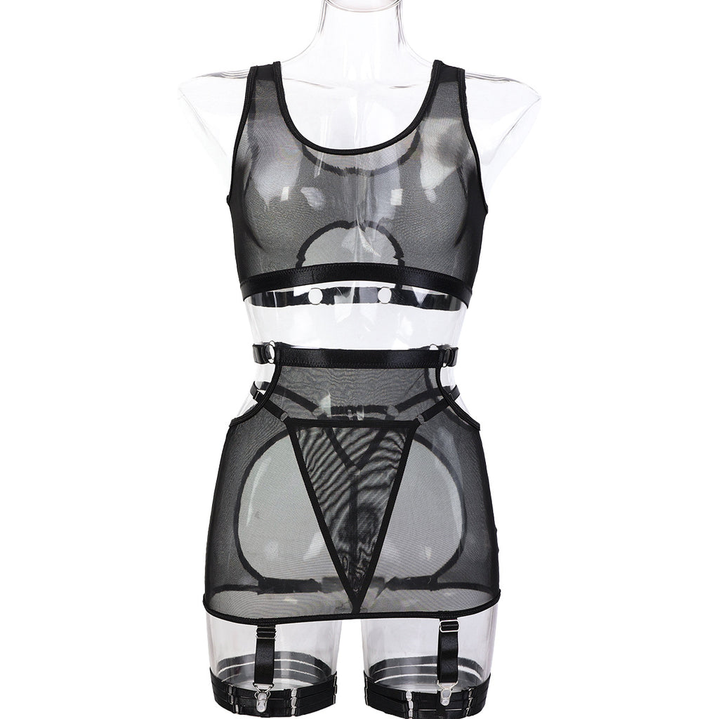Seductive Transparent Sexy Mesh Top Women's Lingerie Four-Piece Set