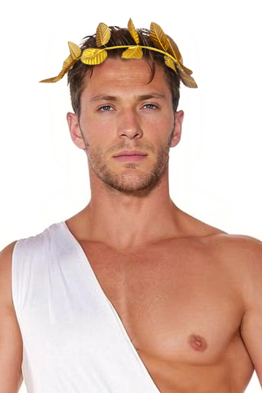 Man wearing a white toga and gold laurel wreath on a white background. Perfect for a swinger lifestyle toga party event.